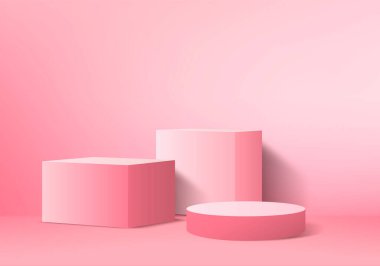 Soyut pembe kompozisyonda podyum, 3D renkte, 3D resimleme, arka plan modelleme 3d pembe, podyum ve minimal turuncu duvar sahnesi, 3d soyut geometrik şekil pembe pastel rengi. Ödüller için modern web sitesinde sahne.