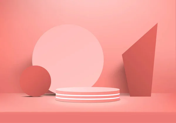 背景ベクトルの3Dピンクのレンダリングと表彰台と最小限のピンクの壁のシーン 最小限の抽象的な背景の3Dレンダリング抽象的な幾何学的な形状のピンクパステルカラー 現代のウェブサイト上の賞のためのステージ 化粧品を展示するためのスタンド3D — ストック写真