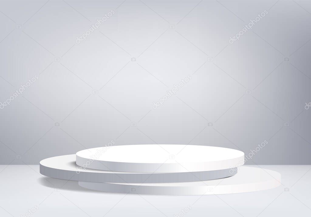 Background vector 3d white rendering with podium and minimal white wall scene, minimal abstract background 3d rendering abstract geometric shape white pastel color. Stage for awards on website in modern. stand 3d for show cosmetic products.