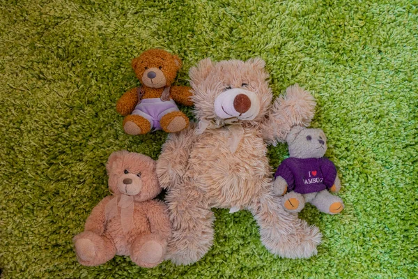 Vier Teddybären Liegen Auf Grünem Pelzteppich — Stockfoto