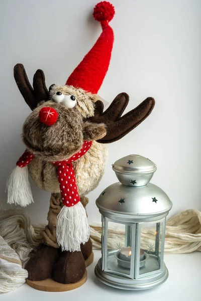 Christmas Deer Dressed Red Color Cap Scarf Metal Silver Lantern — Stock Photo, Image
