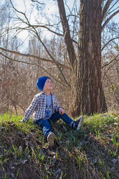 Boy Jeans Sits Hill Boy Rejoices Spring — Stock Photo, Image