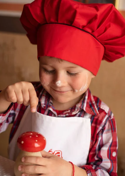 Boy Cook Hat Prepares Baking Easter Cake — Stock Photo, Image