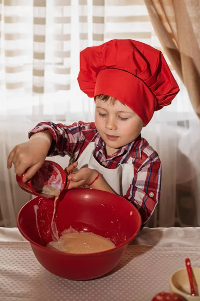 Boy Cook Hat Prepares Baking Easter Cake — Stock Photo, Image