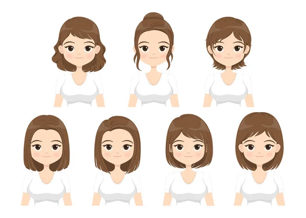 白い背景に隔離された異なる髪のスタイルを持つ若い女性 漫画の髪のスタイル ベクターイラスト — ストックベクタ