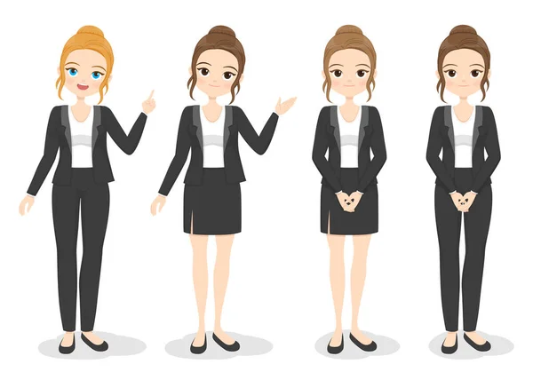 異なる手のポーズと髪の色を持つオフィス服の若いビジネス女性 正式な制服でフラット漫画の女の子 ドレス パンツ スーツ ベクターイラスト — ストックベクタ