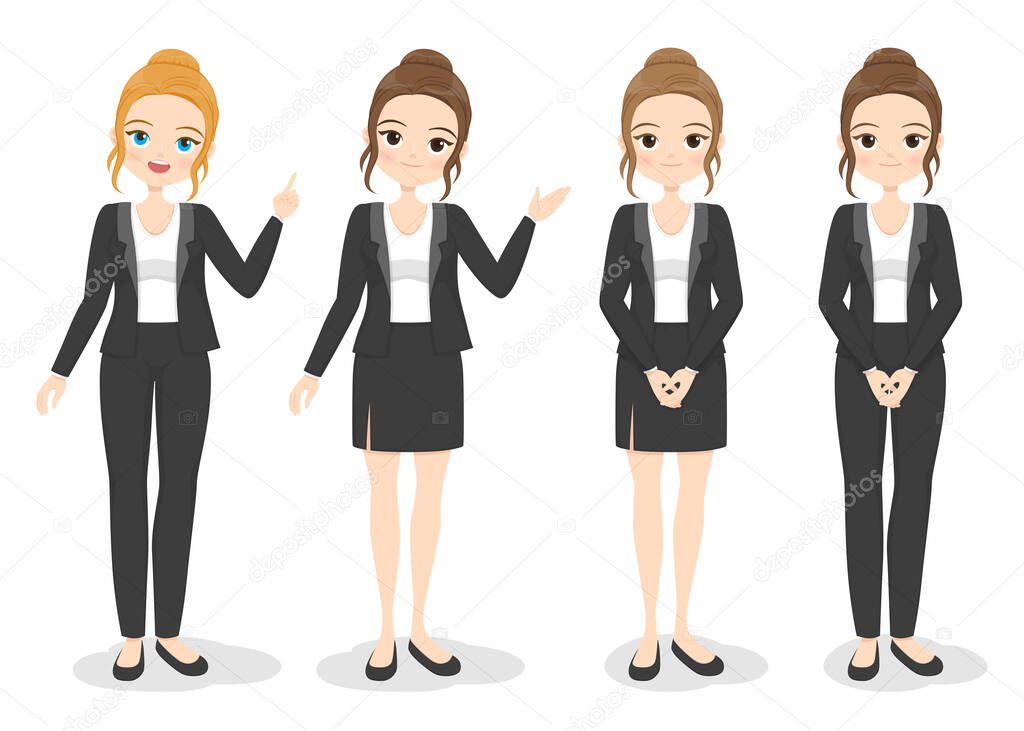 Young business woman in office clothes with different hand poses and color of hair. Flat cartoon girl in formal uniform (dress, pants, suit). Vector illustration.