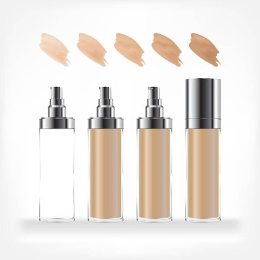 Farklı tonlarda şeffaf bir pompa şişesi. Temel krem kutusu beyaz arka planda izole edilmiş. Krema ve jöle için kozmetik cam şişe. Güzellik ürünü paketi, vektör illüstrasyonu