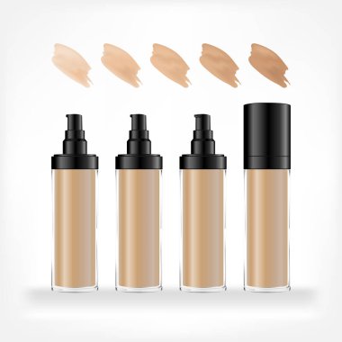 Farklı tonlarda şeffaf bir pompa şişesi. Temel krem kutusu beyaz arka planda izole edilmiş. Krema ve jöle için kozmetik cam şişe. Güzellik ürünü paketi, vektör illüstrasyonu