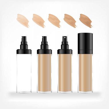 Farklı tonlarda makyaj malzemesi şişesi. Krem ve jel için şeffaf kozmetik pompa şişesi. Güzellik ürünü paketi, vektör illüstrasyonu