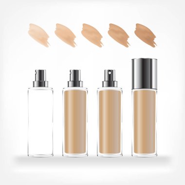 Farklı tonlarda makyaj malzemesi şişesi. Krem ve jel için şeffaf kozmetik pompa şişesi. Güzellik ürünü paketi, vektör illüstrasyonu