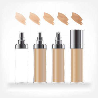 Farklı tonlarda makyaj malzemesi şişesi. Krem ve jel için şeffaf kozmetik pompa şişesi. Güzellik ürünü paketi, vektör illüstrasyonu