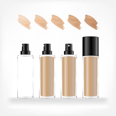 Farklı tonlarda makyaj malzemesi şişesi. Krem ve jel için şeffaf kozmetik pompa şişesi. Güzellik ürünü paketi, vektör illüstrasyonu