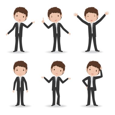 Karikatür işadamı farklı pozlar ve ifadeler, vektör illüstrasyonu