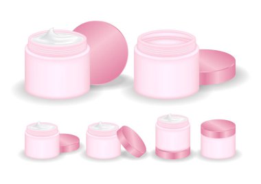 Krema kavanozu beyaz arka planda izole edilmiş. Krema ve jöle için kozmetik şişesi. Güzellik ürünü paketi, vektör illüstrasyonu