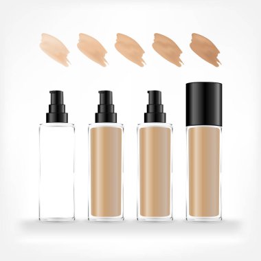Farklı tonlarda şeffaf bir pompa şişesi. Makyaj kremi kabı beyaz arka planda izole edilmiş. Krema ve jöle için kozmetik cam şişe. Güzellik ürünü paketi, vektör illüstrasyonu