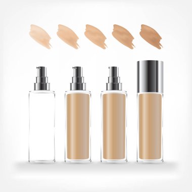 Farklı tonlarda şeffaf bir pompa şişesi. Makyaj kremi kabı beyaz arka planda izole edilmiş. Krema ve jöle için kozmetik cam şişe. Güzellik ürünü paketi, vektör illüstrasyonu