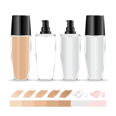 Şeffaf krema kabı. Farklı tonlarda makyaj malzemesi şişesi. Krema ve jöle için kozmetik cam şişe. Güzellik ürünü paketi, vektör illüstrasyonu.