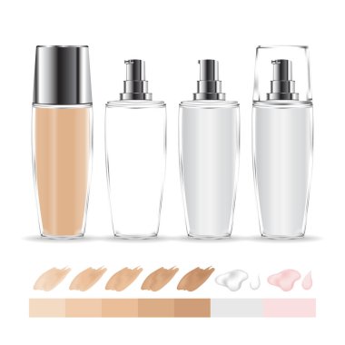 Şeffaf krema kabı. Farklı tonlarda makyaj malzemesi şişesi. Krema ve jöle için kozmetik cam şişe. Güzellik ürünü paketi, vektör illüstrasyonu.