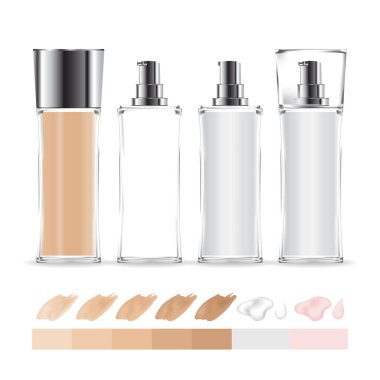 Şeffaf krema kabı. Farklı tonlarda makyaj malzemesi şişesi. Krema ve jöle için kozmetik cam şişe. Güzellik ürünü paketi, vektör illüstrasyonu.