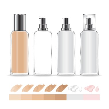 Şeffaf krema kabı. Farklı tonlarda makyaj malzemesi şişesi. Krema ve jöle için kozmetik cam şişe. Güzellik ürünü paketi, vektör illüstrasyonu.