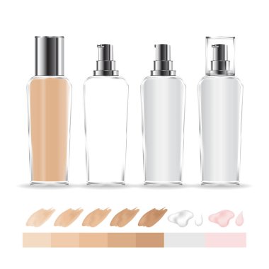 Şeffaf krema kabı. Farklı tonlarda makyaj malzemesi şişesi. Krema ve jöle için kozmetik cam şişe. Güzellik ürünü paketi, vektör illüstrasyonu.