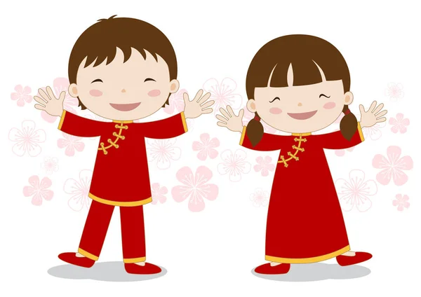 漫画中国語の子供 男の子と女の子 ベクトル図 — ストックベクタ