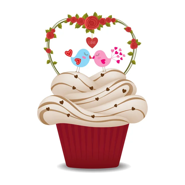 Valentine cupcake with the birds in love, vector illustration.