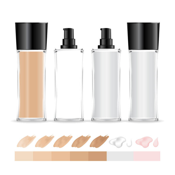 Прозрачный кремовый контейнер. Флакон для макияжа с различными цветовыми оттенками. Косметическая стеклянная бутылка для сливок, гель. упаковка косметики, векторная иллюстрация
.