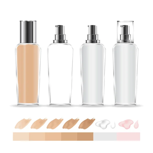 Recipiente Creme Transparente Garrafa Fundação Maquiagem Com Cores Diferentes Tons — Vetor de Stock