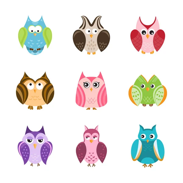 Set Cartoon Cute Owls Vector Illustration — Stock Vector