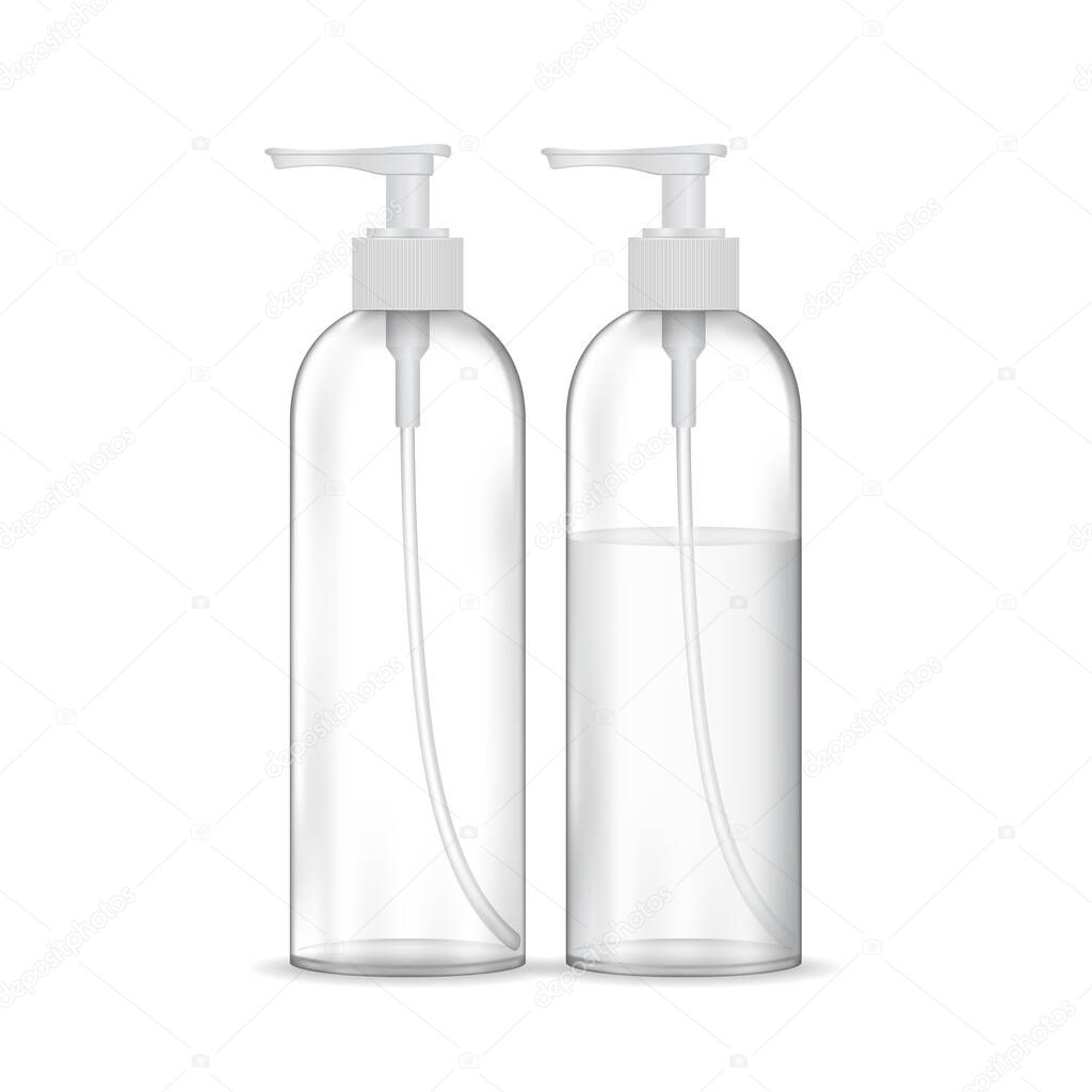 Transparent cosmetic plastic bottle with white dispenser pump. Cosmetic container for gel, liquid, lotion, cream, shampoo, bath foam. Beauty product package, vector illustration.