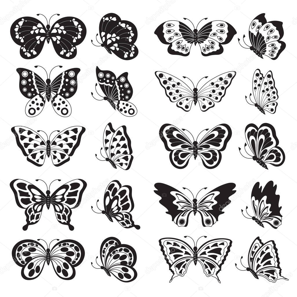 Set of black butterfly silhouettes, vector illustration