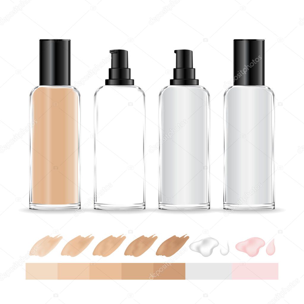 Transparent cream container. Makeup foundation bottle with different colors shades. Cosmetic glass bottle for cream, gel. Beauty product package, vector illustration.