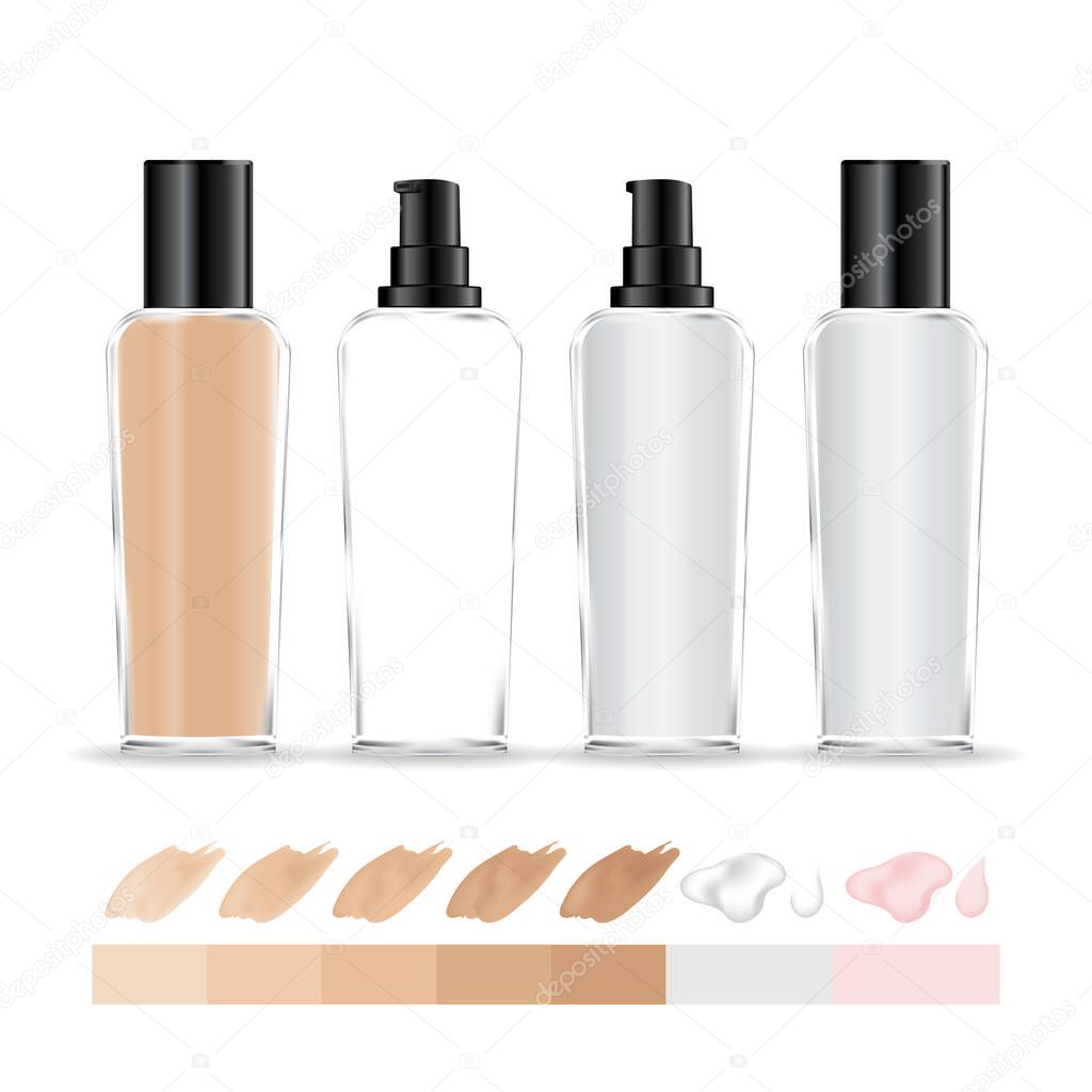 Transparent cream container. Makeup foundation bottle with different colors shades. Cosmetic glass bottle for cream, gel. Beauty product package, vector illustration.