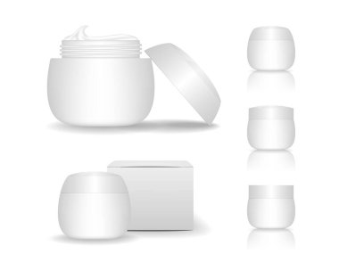 Beyaz arka planda izole edilmiş kutulu kozmetik plastik kavanoz. Jöle, sıvı, losyon ve krem için cilt bakımı şişeleri. Güzellik ürünü paketi, vektör illüstrasyonu.