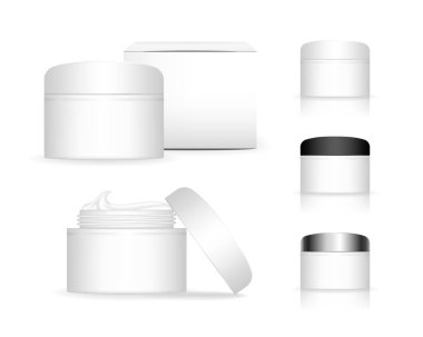 Beyaz arka planda izole edilmiş kutulu kozmetik plastik kavanoz. Jöle, sıvı, losyon ve krem için cilt bakımı şişeleri. Güzellik ürünü paketi, vektör illüstrasyonu.