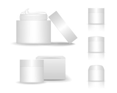 Beyaz arka planda izole edilmiş kutulu kozmetik plastik kavanoz. Jöle, sıvı, losyon ve krem için cilt bakımı şişeleri. Güzellik ürünü paketi, vektör illüstrasyonu.