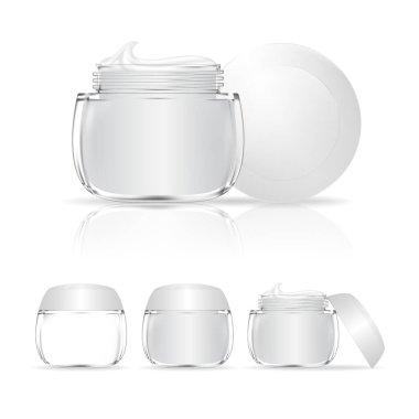 Krema kavanozu beyaz arka planda izole edilmiş. Şeffaf kozmetik cam şişe. Güzellik ürünü paketi, vektör illüstrasyonu.