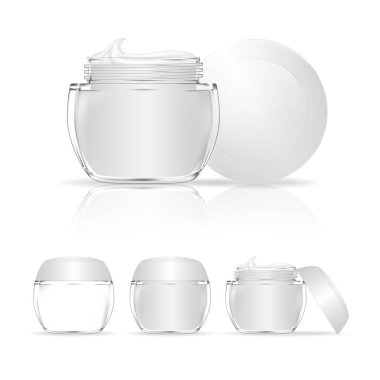 Krema kavanozu beyaz arka planda izole edilmiş. Şeffaf kozmetik cam şişe. Güzellik ürünü paketi, vektör illüstrasyonu.