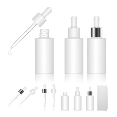 Beyaz arka planda izole edilmiş damlatıcısı olan kozmetik şişesi. Güzellik ürünleri paketi. Vektör illüstrasyonu