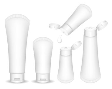 Krem, jöle, sıvı ve köpük için plastik plastik tüp. Güzellik ürünü paketi, vektör illüstrasyonu.