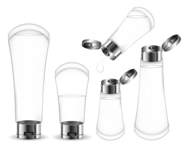 Krem, jöle, sıvı ve köpük için şeffaf kozmetik tüp. Güzellik ürünleri paketi. Vektör illüstrasyonu.