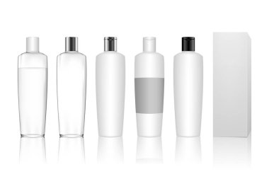 Beyaz arka planda izole edilmiş kutulu kozmetik plastik şişe. Jöle, losyon, krem, şampuan, banyo köpüğü ve cilt bakımı için sıvı konteynır. Güzellik ürünü paketi, vektör illüstrasyonu.