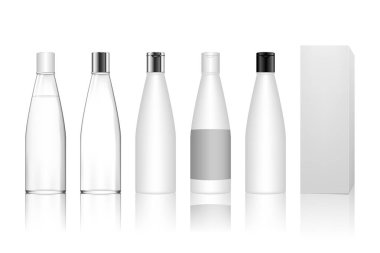 Beyaz arka planda izole edilmiş kutulu kozmetik plastik şişe. Jöle, losyon, krem, şampuan, banyo köpüğü ve cilt bakımı için sıvı konteynır. Güzellik ürünü paketi, vektör illüstrasyonu.