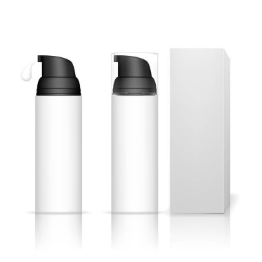 Pompalı kozmetik plastik şişe. Jöle, sıvı, losyon, krem, şampuan, banyo köpüğü için deri bakım şişeleri. Güzellik ürünleri paketi. Vektör illüstrasyonu.