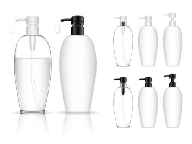 Kozmetik şeffaf plastik şişe ve şeker pompası. Jöle, losyon, krem, şampuan, banyo köpüğü için sıvı konteynır. Güzellik ürünleri paketi. Vektör illüstrasyonu.