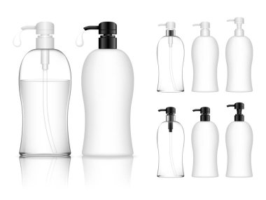 Kozmetik şeffaf plastik şişe ve şeker pompası. Jöle, losyon, krem, şampuan, banyo köpüğü için sıvı konteynır. Güzellik ürünleri paketi. Vektör illüstrasyonu.