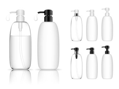 Kozmetik şeffaf plastik şişe ve şeker pompası. Jöle, losyon, krem, şampuan, banyo köpüğü için sıvı konteynır. Güzellik ürünleri paketi. Vektör illüstrasyonu.