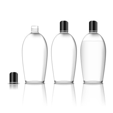 Beyaz arka planda izole edilmiş şeffaf plastik şişe. Jöle, sıvı, losyon, krem, şampuan, banyo köpüğü için deri bakım şişeleri. Güzellik ürünü paketi, vektör illüstrasyonu.